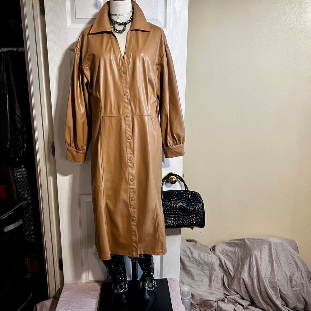 Womens Caramel Faux Leather Retro Puff Sleeve Boho Button Duster Dress Coat 1XP - Picture 8 of 16